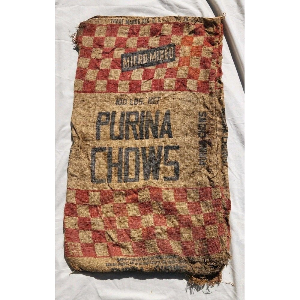Vintage Farm Blue Letter  Purina Chows Micro Mix Feed Burlap Bag Sack 100#